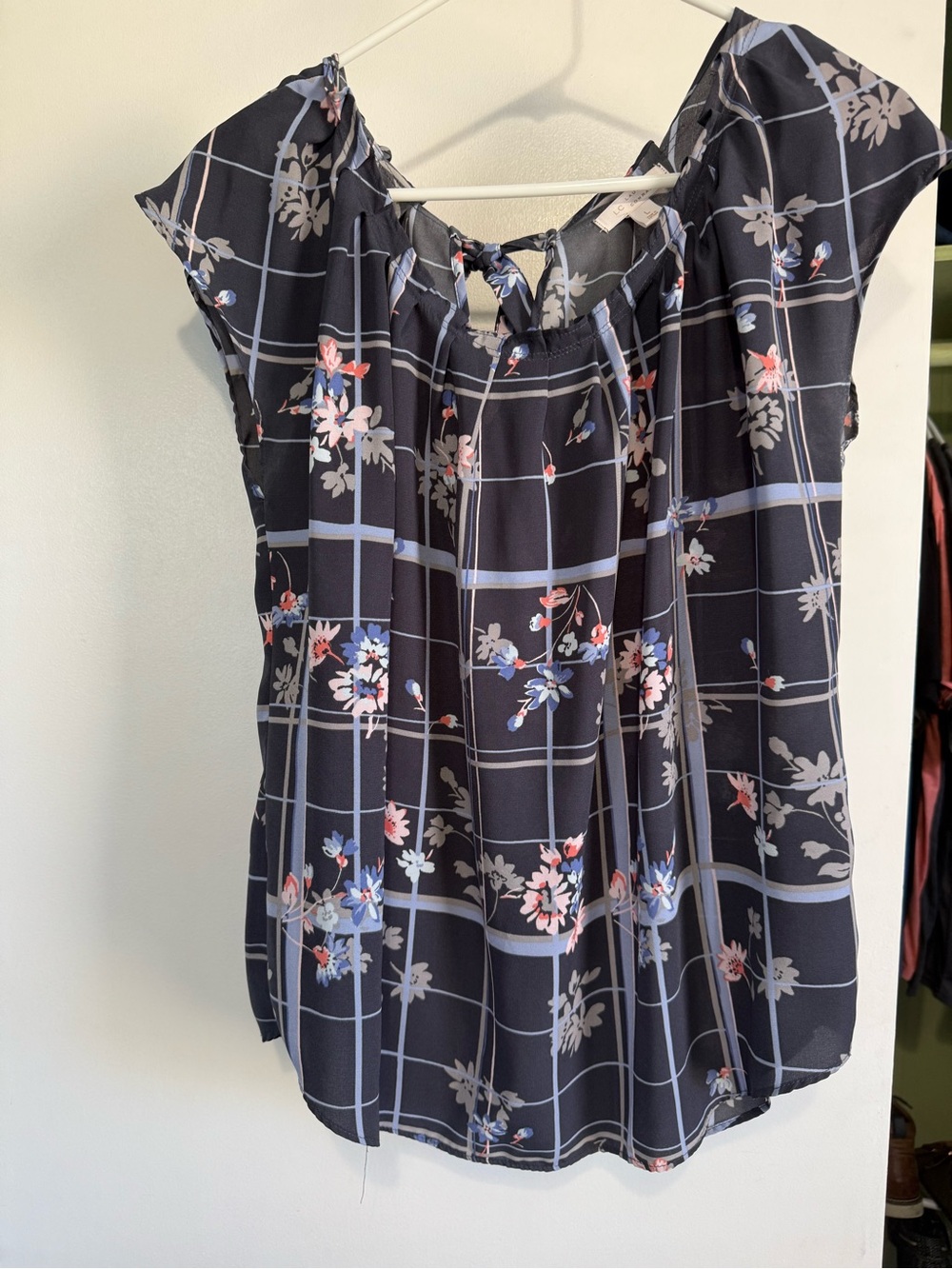 LC Lauren Conrad Navy Floral Grid Tie-Neck Blouse